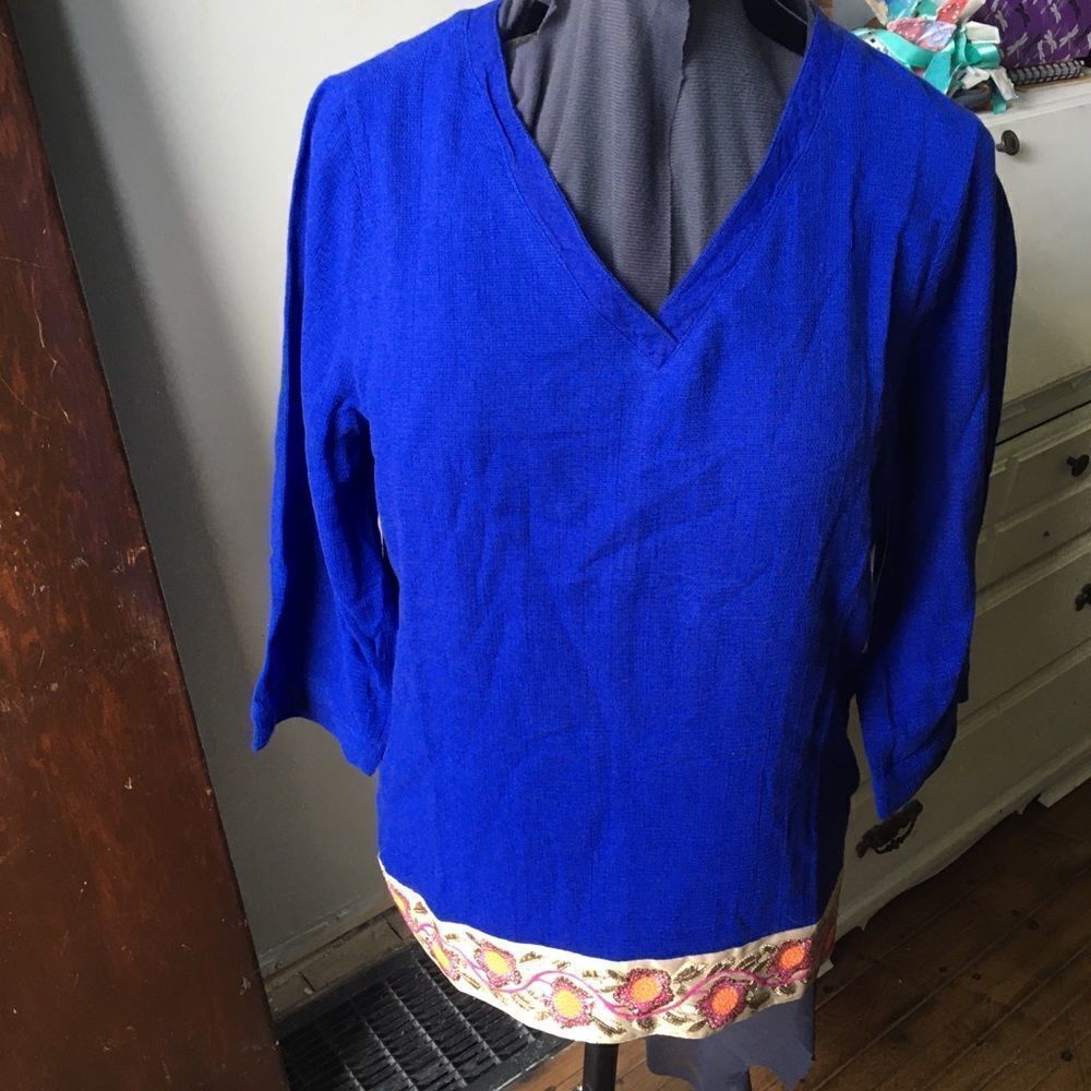 Soft Surroundings blue tunic with embroidered hem